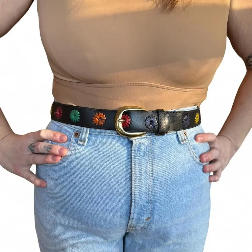 vintage Black leather Liz Claiborne belt with colorful floral details